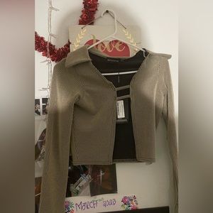 Khaki Crinkle Rib Cut Out Front Long Sleeve Top